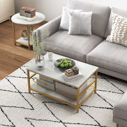Coffee Tables Sets of 2, Rectangle and Round Coffee Table with Storage Shelves, Faux Marble Top, Living Room Table Set, White - luxuryhomedecoridea.com