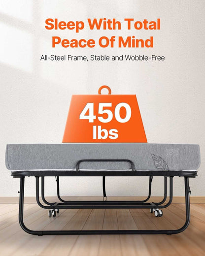 VEVOR Rollaway Bed, 38 in x 75 in Folding Bed with 5 in Mattress, Twin Size Foldable Bed with Sturdy Metal Frame & Memory Foam Mattress, Portable Twin Roll Away Bed with Mattress, for Adults, Guest - luxuryhomedecoridea.com