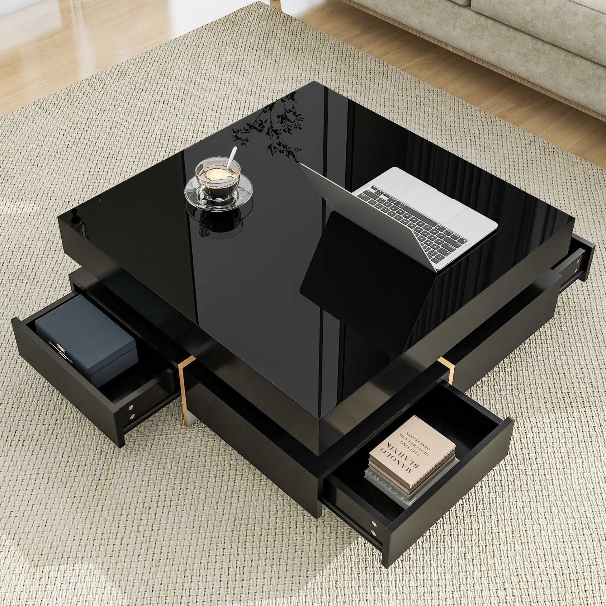ON-TREND Modern High Gloss Coffee Table with 4 Drawers, Multi-Storage Square Cocktail Tea Table with Wood Grain Legs, Center Table for Living Room, 31.5''x31.5'', Black - luxuryhomedecoridea.com