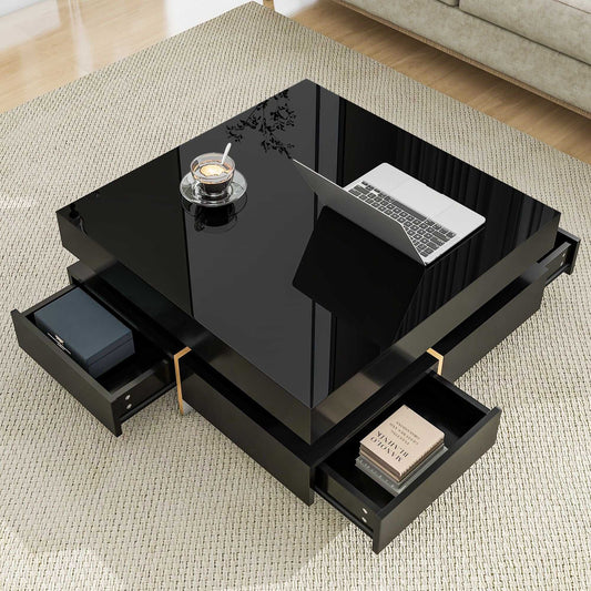 ON-TREND Modern High Gloss Coffee Table with 4 Drawers, Multi-Storage Square Cocktail Tea Table with Wood Grain Legs, Center Table for Living Room, 31.5''x31.5'', Black - luxuryhomedecoridea.com