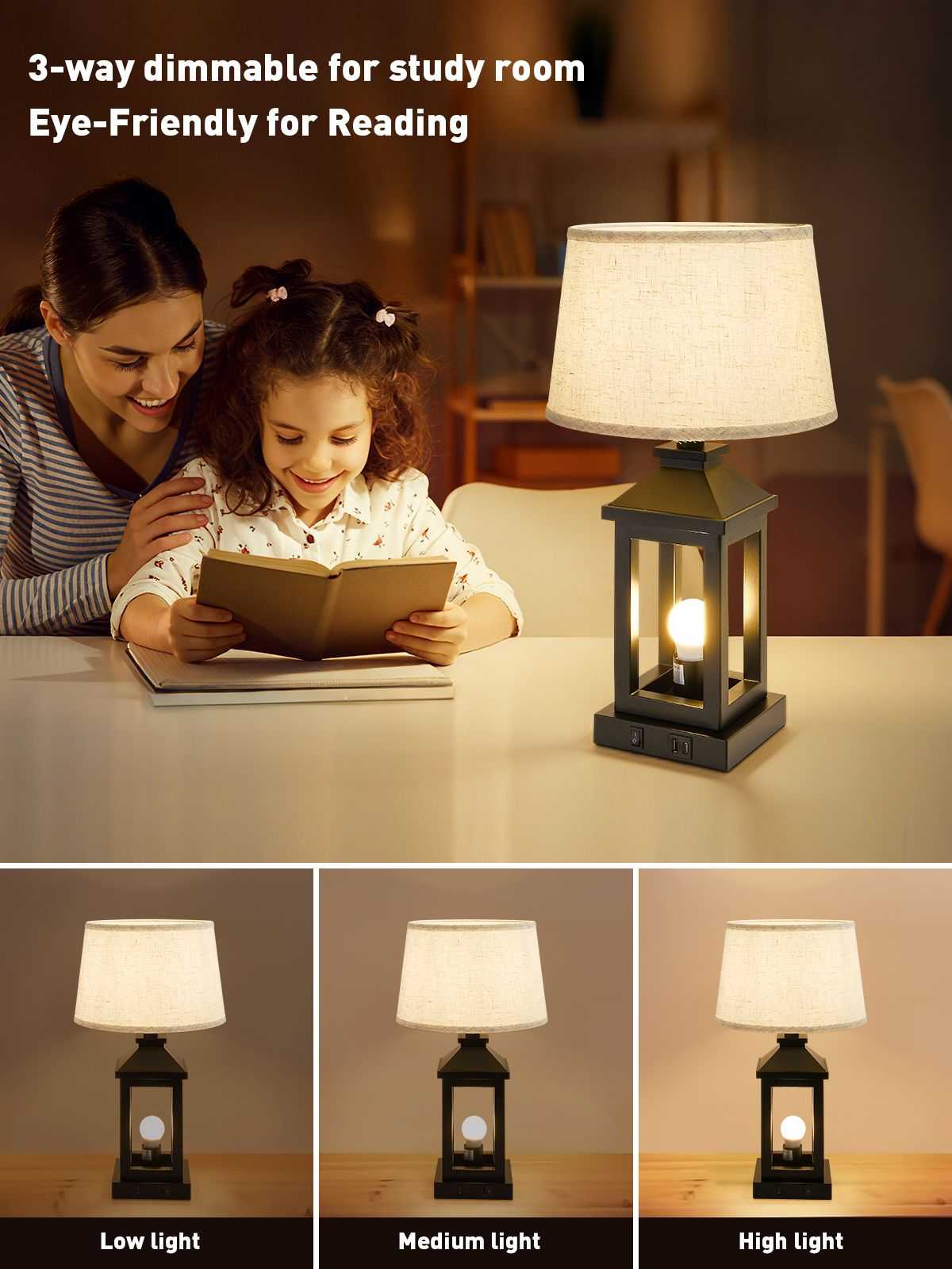 20.5in Black Farmhouse Bedside Table Lamp for Living Room, 3-Way Dimmable Touch Control Modern Nightstand Lamp with 2 Light for Bedroom, Home, Office(Bulbs Included) - luxuryhomedecoridea.com