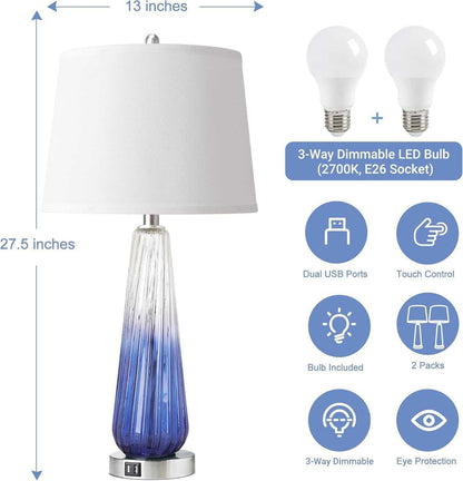 Table Lamps Set of 2 with Touch Control, 3-Way Dimmable Modern Glass Bedside Lamps with USB A+C Ports, Nightstand Lamp with White Fabric Shade, 27.5" Large Lamps for Living Room Bedrooms Decorations - luxuryhomedecoridea.com
