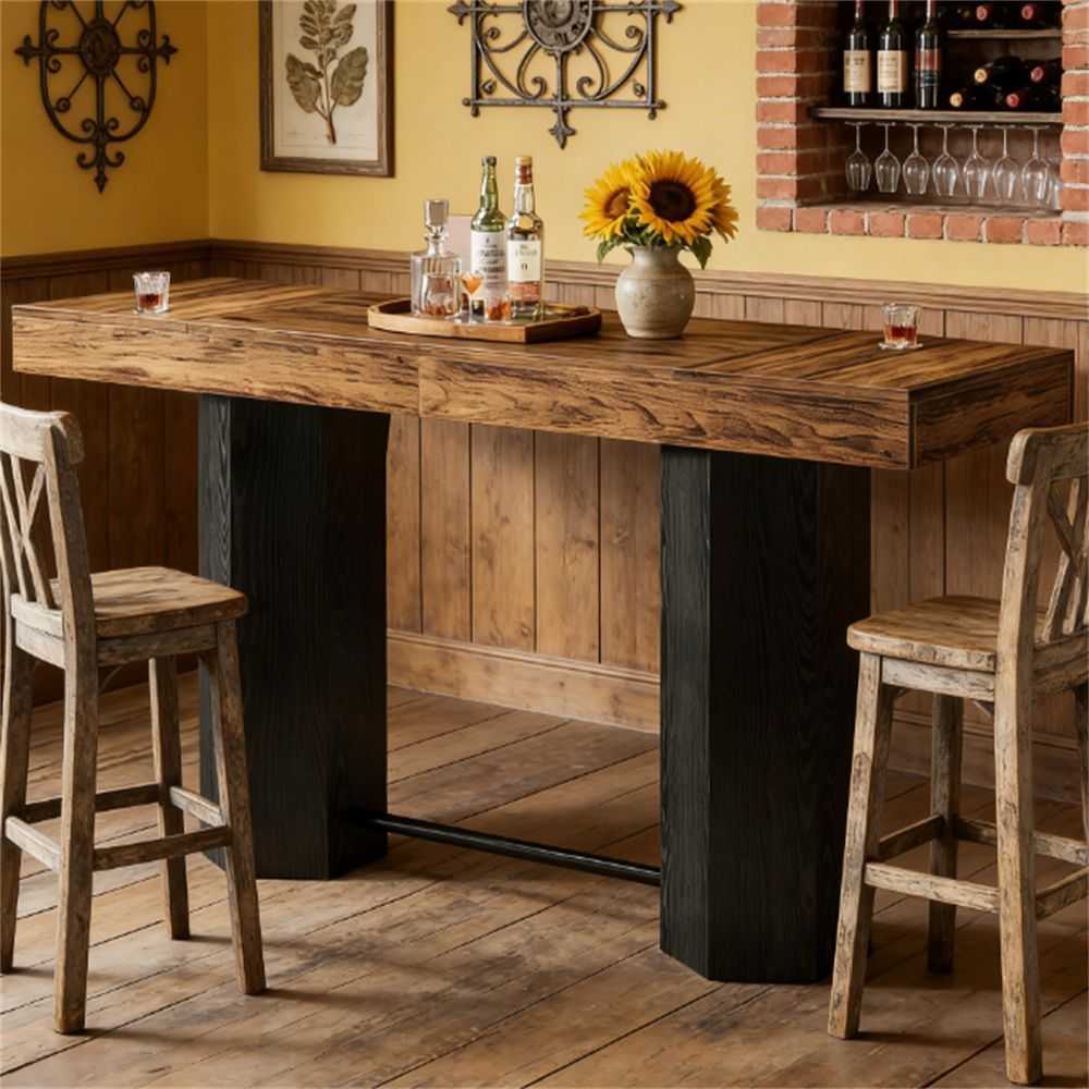 71" Industrial Bar Table - Counter Height Pub Table with Woodgrain Finish - luxuryhomedecoridea.com