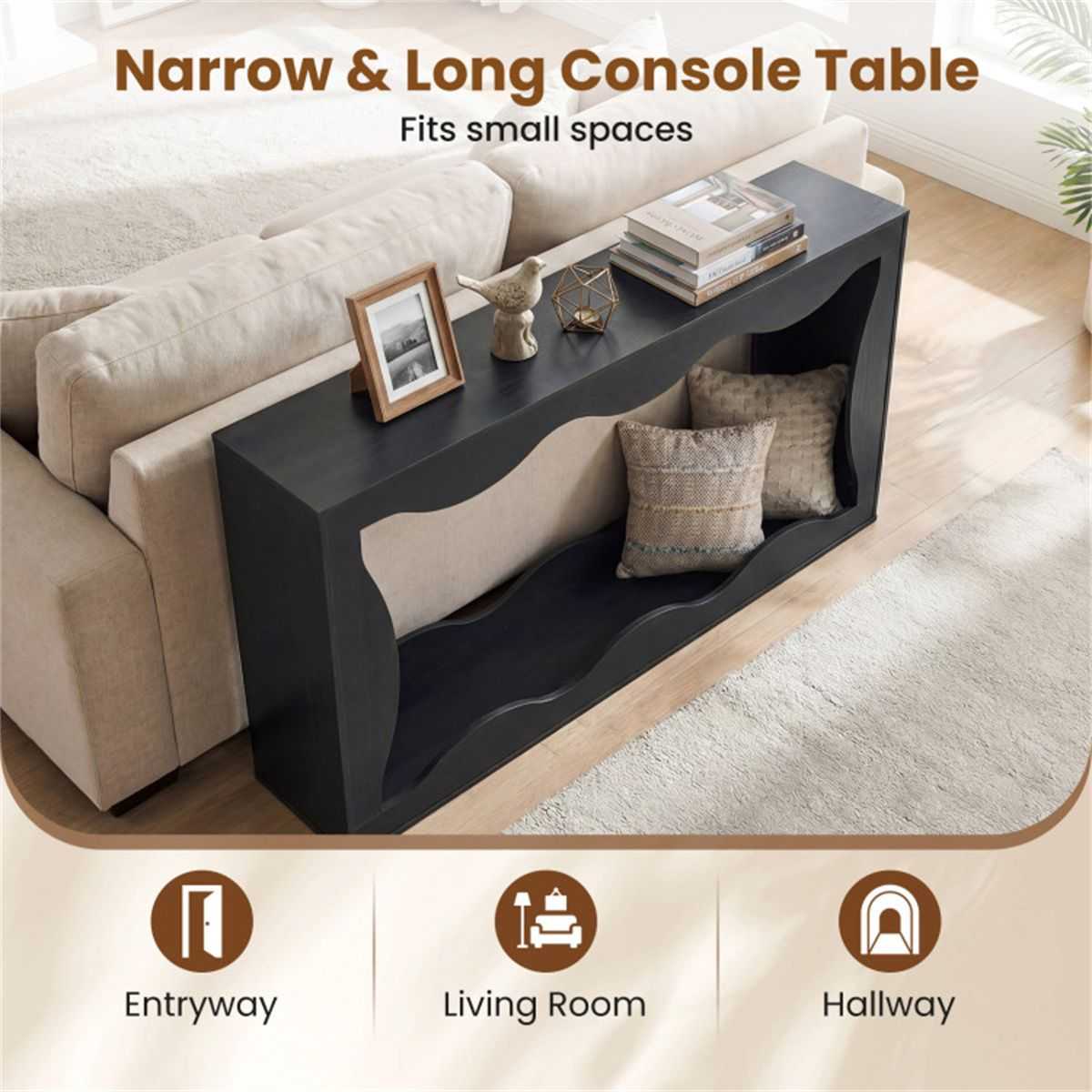 63" Narrow Console Table with Wavy Hollow Design, 2-Tier Extra Long Entryway Table with Storage Shelf - Black - luxuryhomedecoridea.com