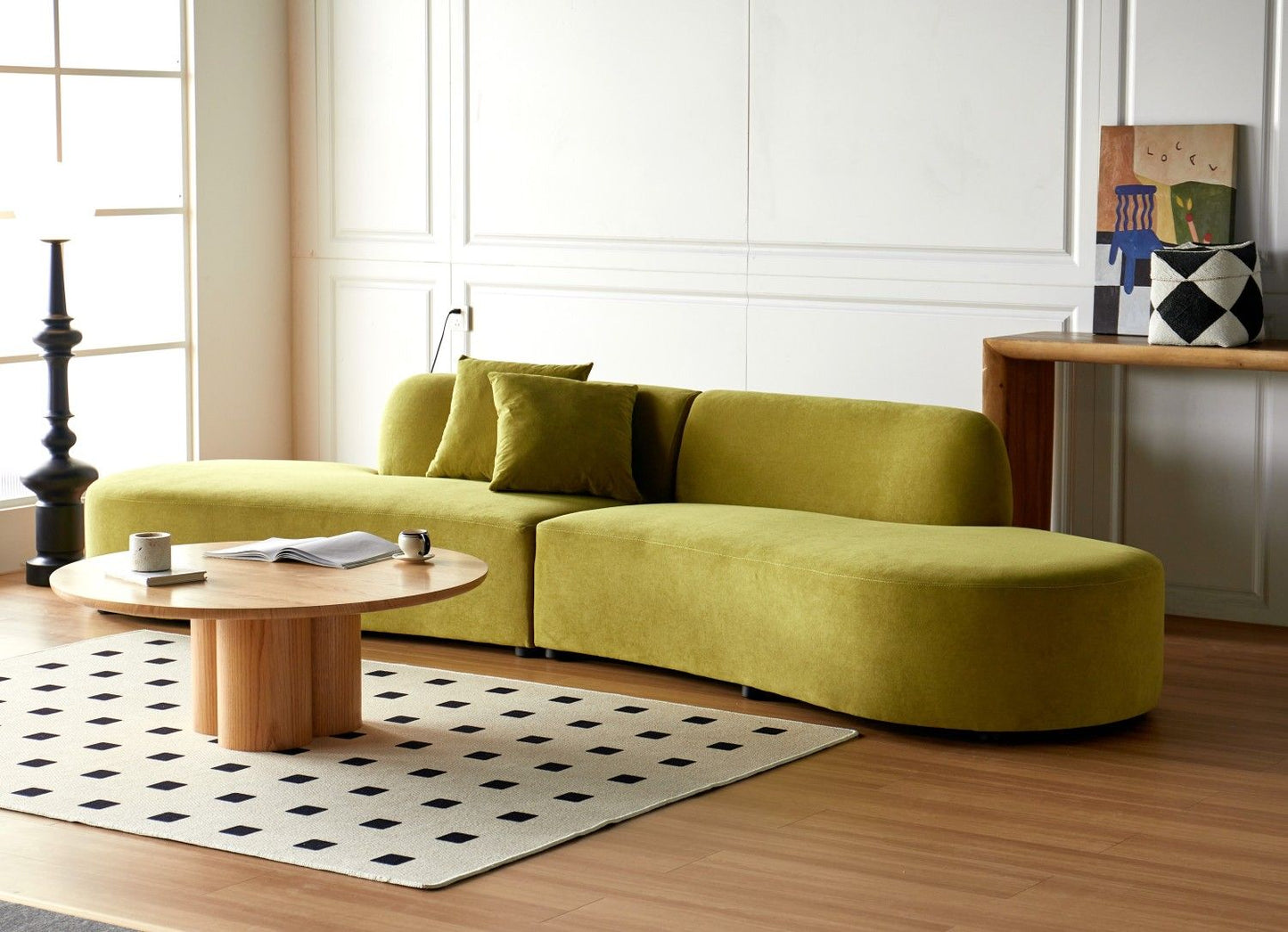 132" Curved Sofa with Throw Pillows, 6 Seater Luxury Velvet Couch with Half Moon Design and High-Density Foam, Ideal for Modern Living Room, Office & Apartment, Olive Green - luxuryhomedecoridea.com