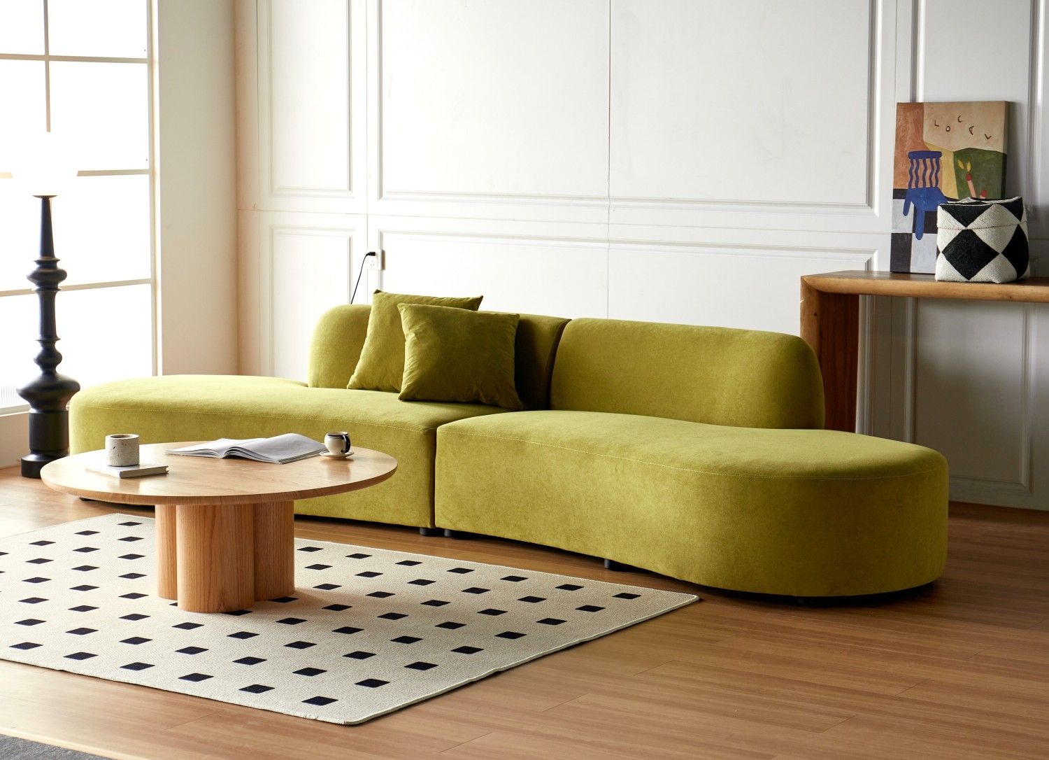 132" Curved Sofa with Throw Pillows, 6 Seater Luxury Velvet Couch with Half Moon Design and High-Density Foam, Ideal for Modern Living Room, Office & Apartment, Olive Green - luxuryhomedecoridea.com