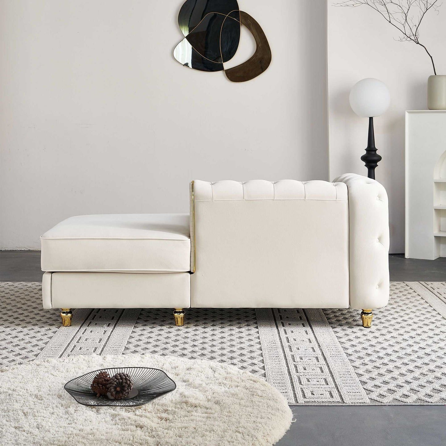 66.9''W Velvet Chaise Lounge,Luxury Modern Chaise Furniture,Tufted Back with 2pcs toss pillows for Living Room,Bedroom,Apartment,Beige Color - luxuryhomedecoridea.com
