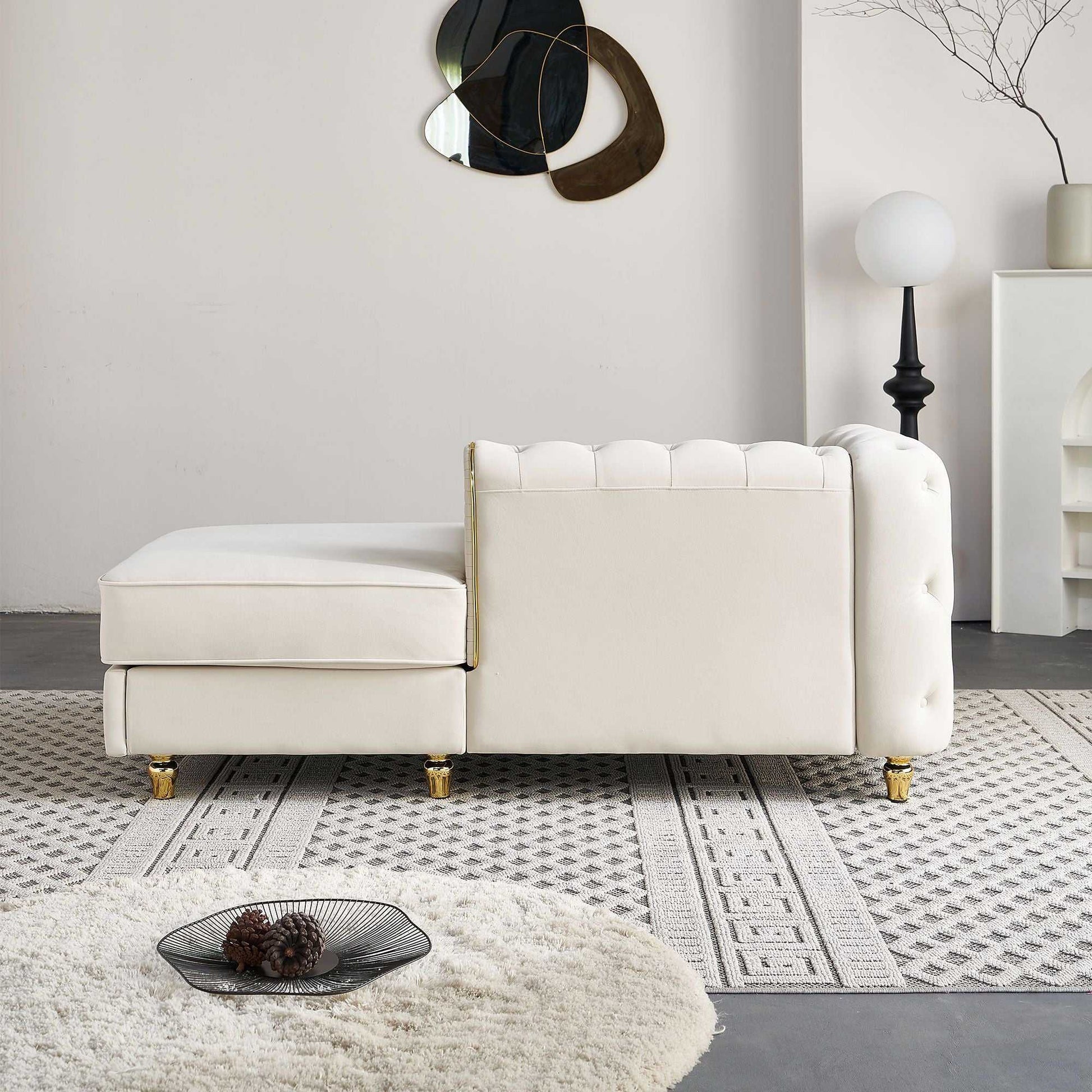 66.9''W Velvet Chaise Lounge,Luxury Modern Chaise Furniture,Tufted Back with 2pcs toss pillows for Living Room,Bedroom,Apartment,Beige Color - luxuryhomedecoridea.com