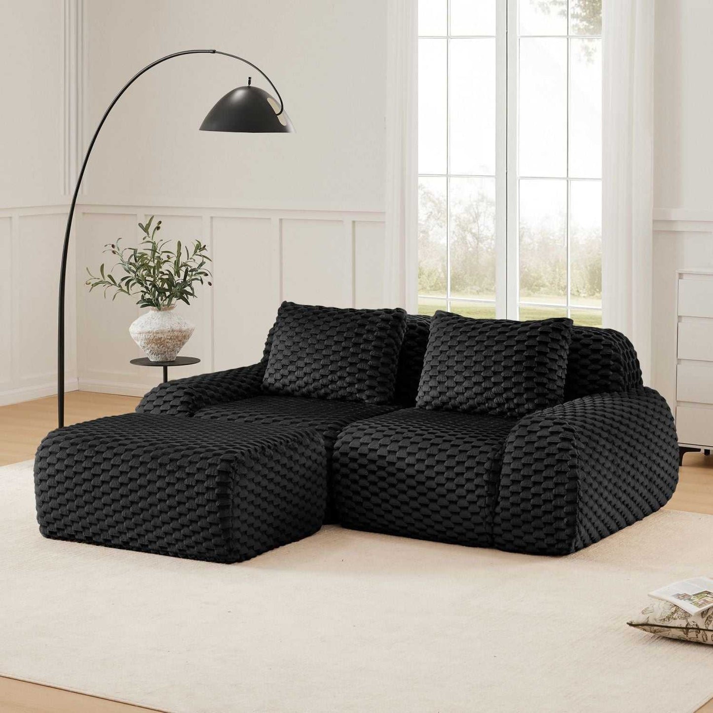 82" Modern L-Shaped Modular Sectional Sofa for Living Room,Flannelette Fabric,Oversized 2-Seater Couch,Deep Seat,Boneless sofa,Movable Ottoman,Buckle connection,Anti-slip Design,No Assembly,Black - luxuryhomedecoridea.com