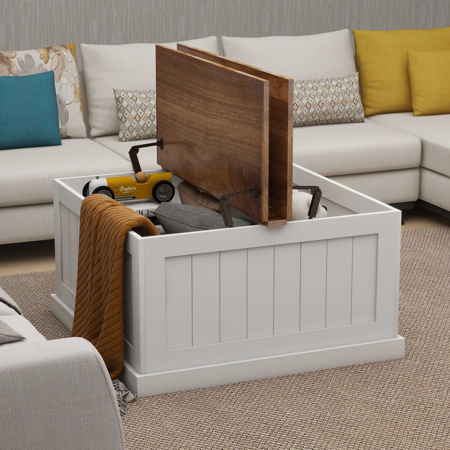 31.5" Farmhouse Coffee Table, Square Wood Center Table with Hinged Lift Top, Rustic Cocktail Table with Large Hidden Storage Compartmen for Living Room-White - luxuryhomedecoridea.com