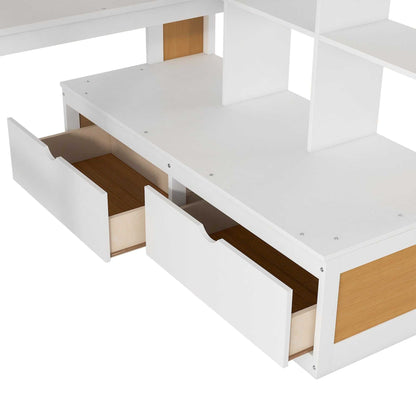 Full Size Loft Bed with Desk and Shelves, Two Built-in Drawers, Storage Staircase, White and Natural - luxuryhomedecoridea.com