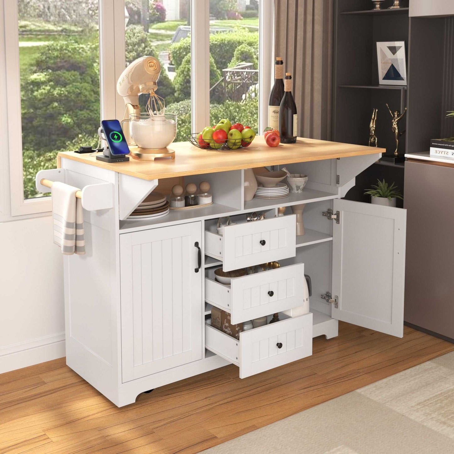 55.7" Large Kitchen Island with 2 Drop Leaf,Rolling Kitchen Cart on 5 Wheels with Power Outlet, Folding Storage Dining Table with Spice & Towel Rack , 3 Drawers, for Kitchen, Dining Room - luxuryhomedecoridea.com