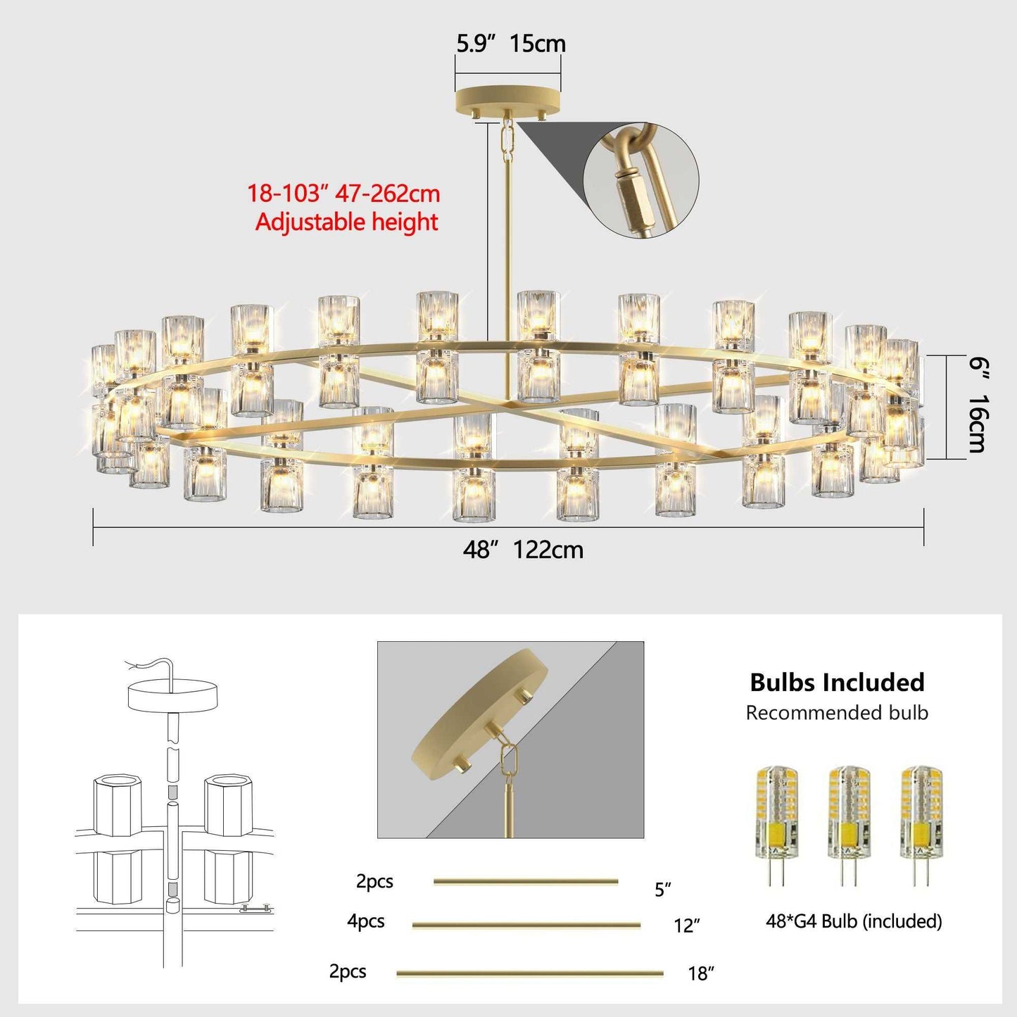 48 Inch Gold Wagon Wheel Chandelier with Crystal Shade, 48 Lights, Modern Farmhouse Style, Ideal for Dining Room, Kitchen, Entryways - luxuryhomedecoridea.com