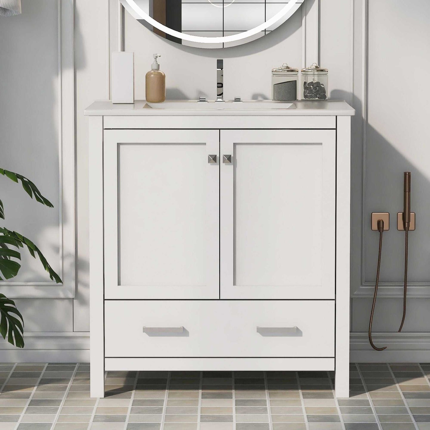 30" Bathroom Vanity with Single Sink, Combo Cabinet Undermount Sink, Bathroom Storage Cabinet with 2 Doors and a Drawer, Soft Closing, Multifunctional Storage, Solid Wood Frame - luxuryhomedecoridea.com