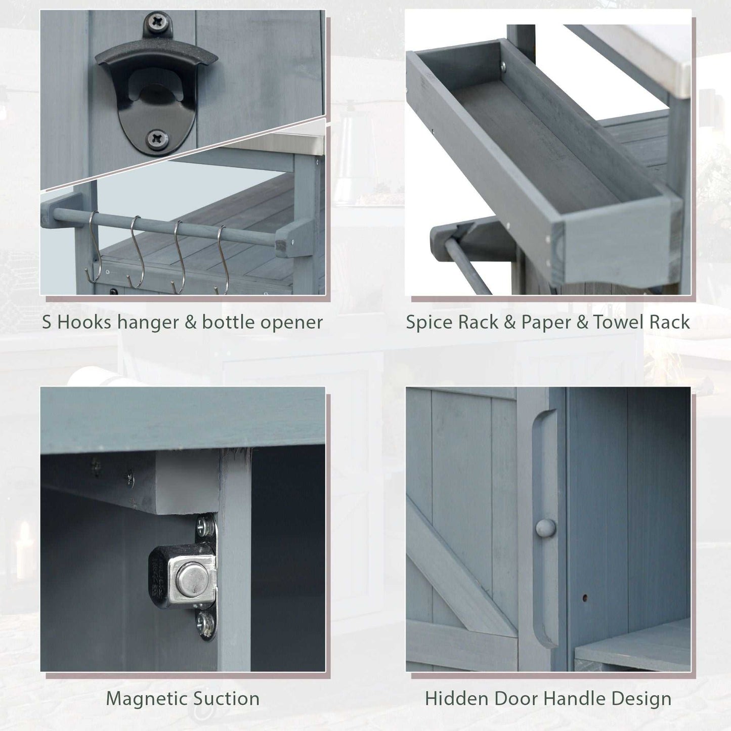 Outdoor Kitchen Island, Rolling Bar Cart & Storage Cabinet, Farmhouse Solid Wood Outdoor Grill Table with Stainless Steel Top, Spice Rack , Towel Rack for Kitchen & BBQ , Grey Blue - luxuryhomedecoridea.com