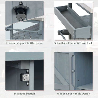 Outdoor Kitchen Island, Rolling Bar Cart & Storage Cabinet, Farmhouse Solid Wood Outdoor Grill Table with Stainless Steel Top, Spice Rack , Towel Rack for Kitchen & BBQ , Grey Blue - luxuryhomedecoridea.com