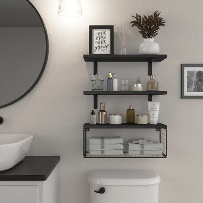Bathroom Shelf Over Toilet, Floating Bathroom Shelf Wall Mounted with Wire Basket, Floating Shelf for Wall Décor - luxuryhomedecoridea.com