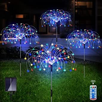 Outdoor Solar Garden Lights; 4 Pack 120 LED Copper Wire Waterproof Solar Garden Fireworks Lamp with Remote; 8 Modes Decorative Sparkles Stake Landscape Light for Garden Pathway Lawn Decor (Colorful) luxury home decor