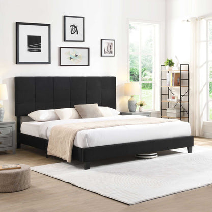 King Size Upholstered Platform Bed Frame with Linen Fabric Headboard, No Box Spring Needed, Wood Slat Support, Easy Assembly, BLACK - luxuryhomedecoridea.com
