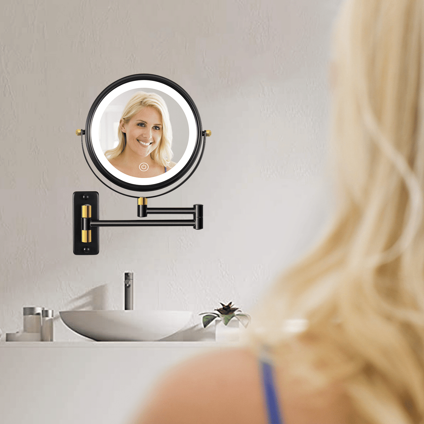 8.6" Wall Mounted Makeup Mirror with LED Lights, Double Sided 1X/10X Magnifying Mirror, 360° Swivel Bathroom Vanity Mirror with Extension Arm, Built-in Battery, Black + Gold - luxuryhomedecoridea.com