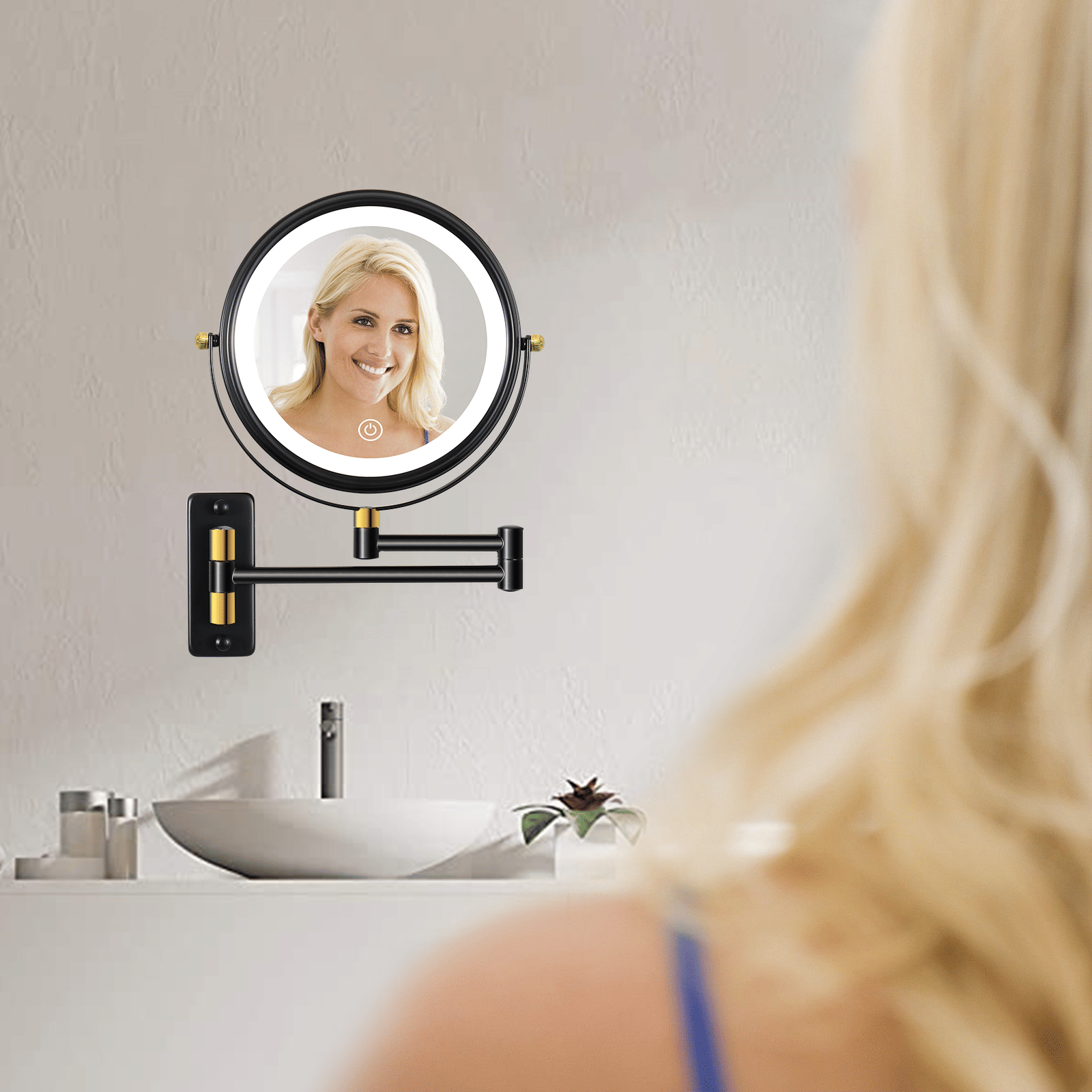 8.6" Wall Mounted Makeup Mirror with LED Lights, Double Sided 1X/10X Magnifying Mirror, 360° Swivel Bathroom Vanity Mirror with Extension Arm, Built-in Battery, Black + Gold - luxuryhomedecoridea.com