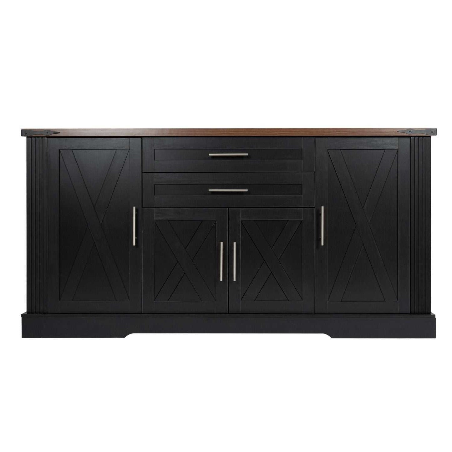 63" Farmhouse Barn Door Storage Cabinet with 2 Drawers & Door Rack, Large Buffet Table Coffee Bar Cabinets with Adjustable Shelves for Kitchen, Living Room, Entryway, Dining Room, Black - luxuryhomedecoridea.com