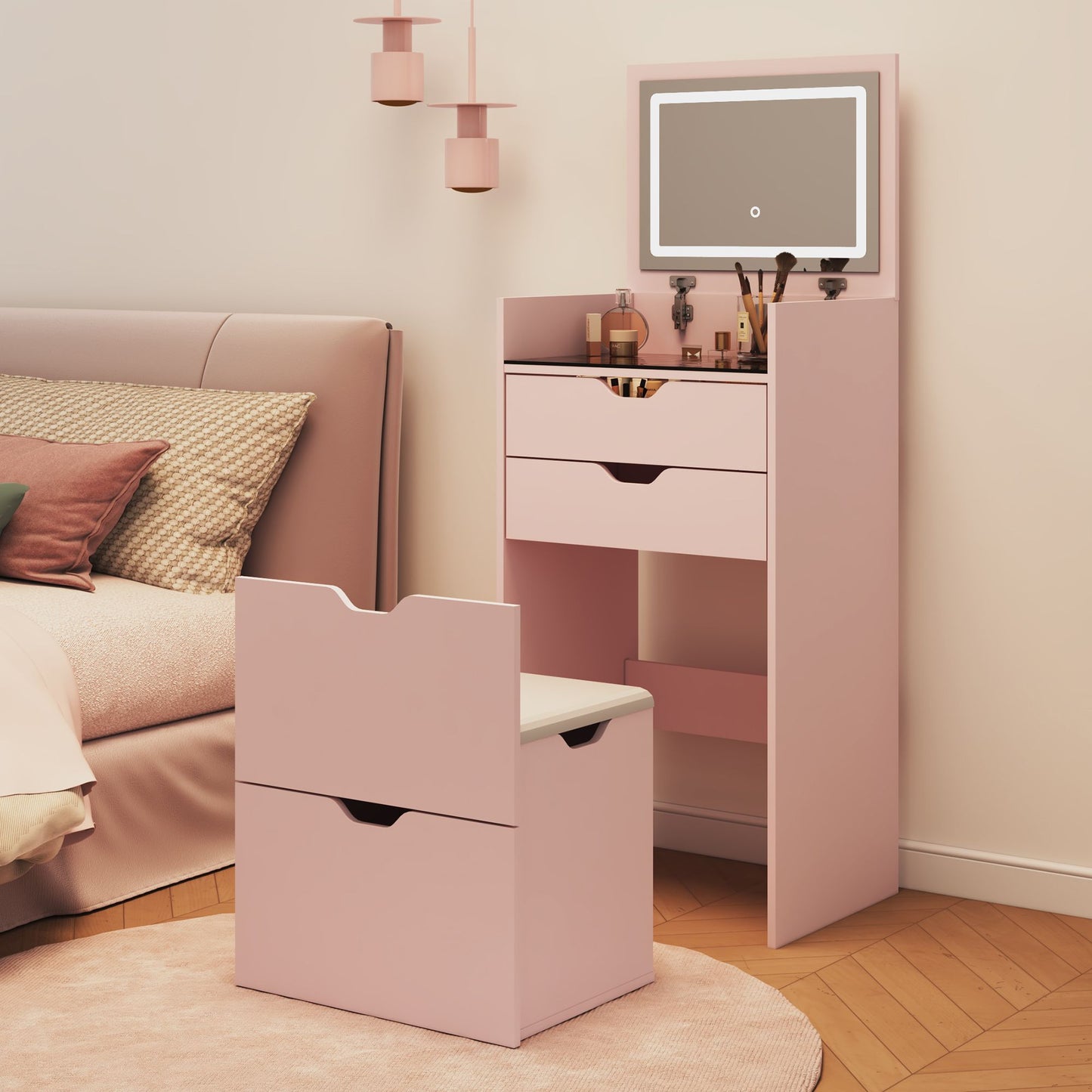 Dressing Table and Stool, 3-in-1 Multifunctional Dressing Table Set, Featuring Three-color Lighting Modes, HD Mirror, Two Sliding Drawers, and a Hidden Storage Stool - luxuryhomedecoridea.com