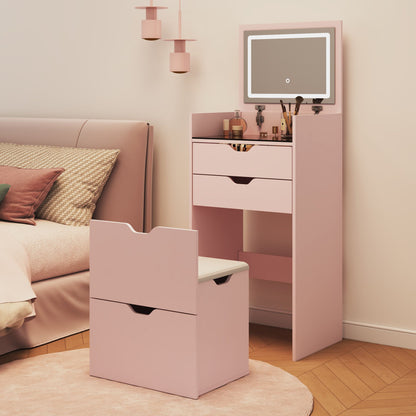 Dressing Table and Stool, 3-in-1 Multifunctional Dressing Table Set, Featuring Three-color Lighting Modes, HD Mirror, Two Sliding Drawers, and a Hidden Storage Stool - luxuryhomedecoridea.com