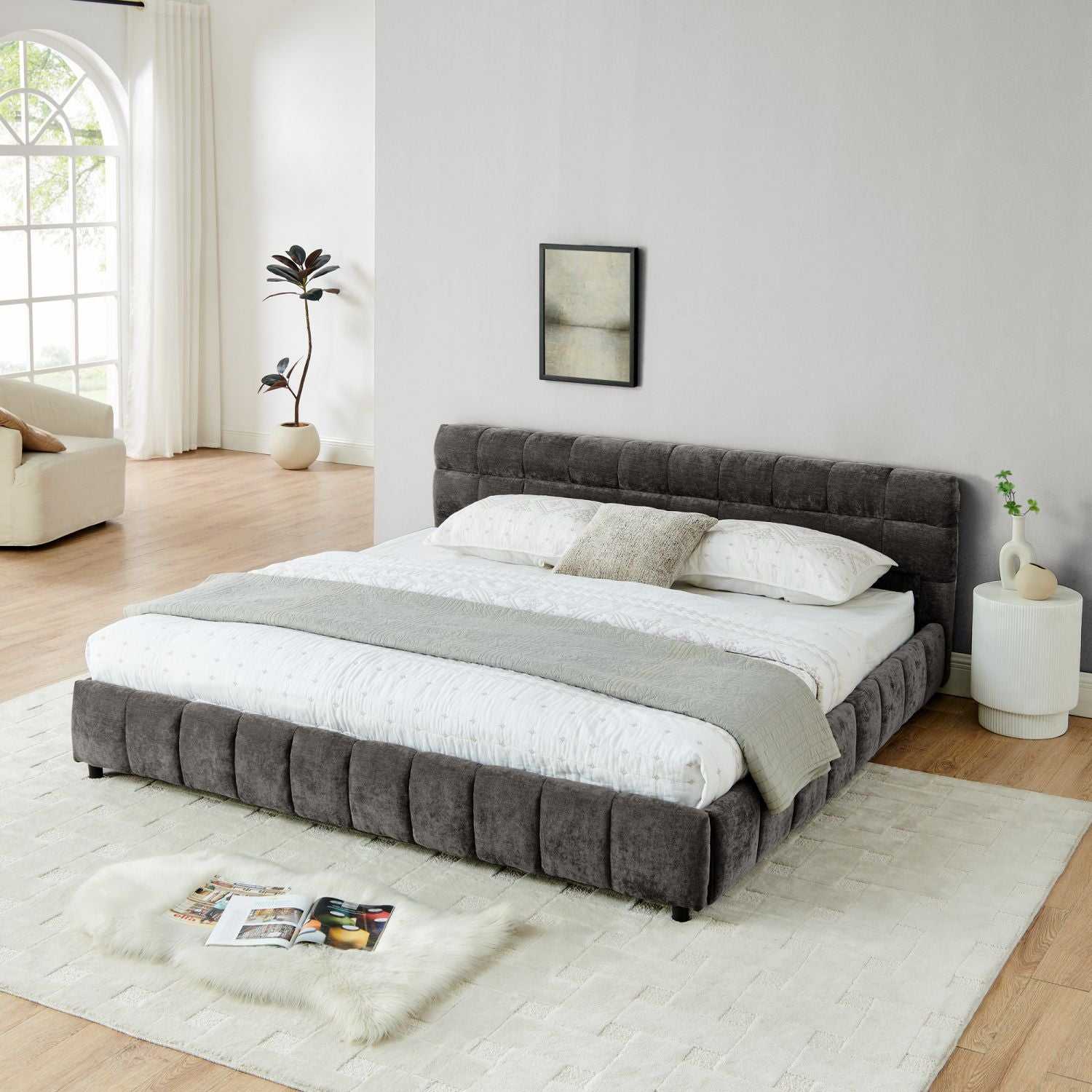 King Size Upholstered Bed ,comfortable upholstered bed frame, Chenille fabric, with headboard and solid bed frame. With drawer for storage.-Dark Gray(88.5''*85.5''*31'') - luxuryhomedecoridea.com