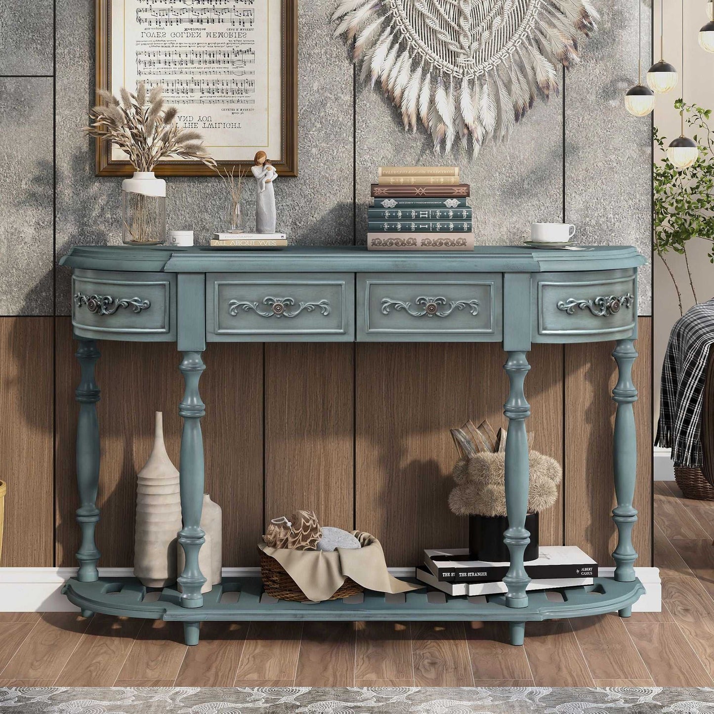 52''Modern and Contemporary Curved Console Table Sofa Table Entryway Table for Hallway Living Room with 4 Drawers and 1 Shelf - luxuryhomedecoridea.com