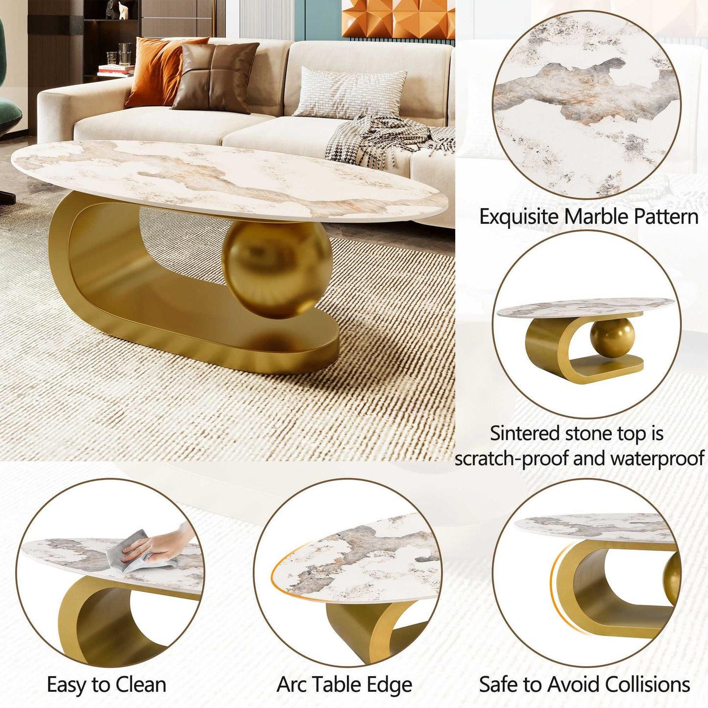 Modern Oval Coffee Table for Living Room, Marble Pattern Sintered Stone Coffee Tabletop with Gold Stainless Steel Base in 47.2" - luxuryhomedecoridea.com