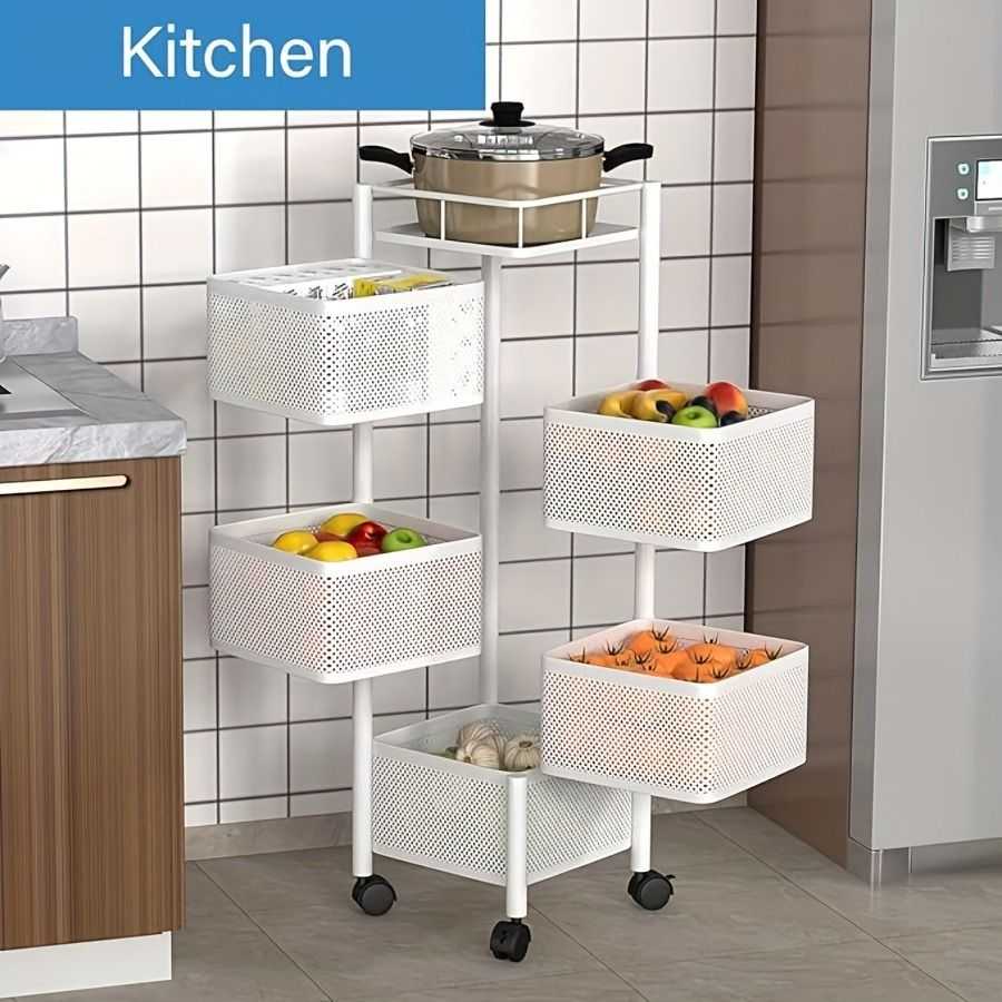 Rotating Kitchen Storage Shelf 5 Tier, Metal Fruit Vegetable Storage Basket Multi-Layer Vegetable Rack Storage Trolley on Wheels, Floor-Standing Basket for Kitchen Bathroom, Square - luxuryhomedecoridea.com