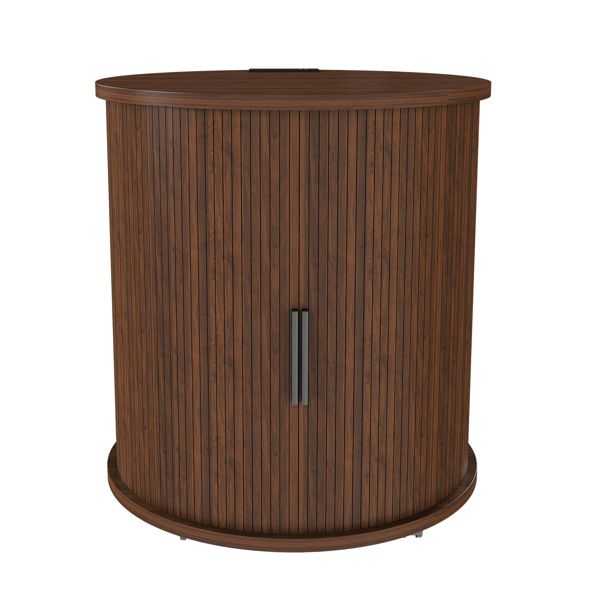Mid Century Modern Cylinder End Table with Built-in Charging Station & Sliding Door, 2-Tier Storage Round Nightstand with USB Ports, Walnut Bedside Table for Living Room, Bedroom, Entryway - luxuryhomedecoridea.com