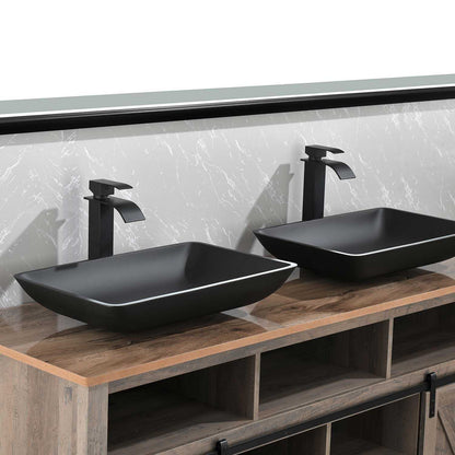 14.38" L -22.25" W -4-3/8 in. H Matte Shell Glass Rectangular Vessel Bathroom Sink in Black with Faucet and Pop-Up Drain in Matte Black - luxuryhomedecoridea.com
