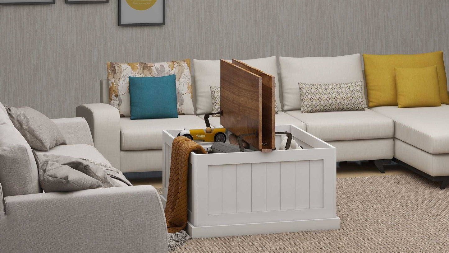 31.5" Farmhouse Coffee Table, Square Wood Center Table with Hinged Lift Top, Rustic Cocktail Table with Large Hidden Storage Compartmen for Living Room-White - luxuryhomedecoridea.com