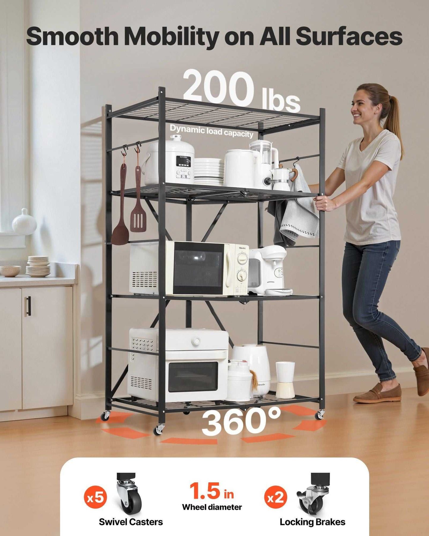 Foldable Storage Shelf, 36W x 21D x 60H Inch Folding Metal Rack Shelving Unit, No Assembly Organizer Shelf with 5 Wheels & 4 Hooks for Pantry, Kitchen, Garage, Basement, Black - luxuryhomedecoridea.com