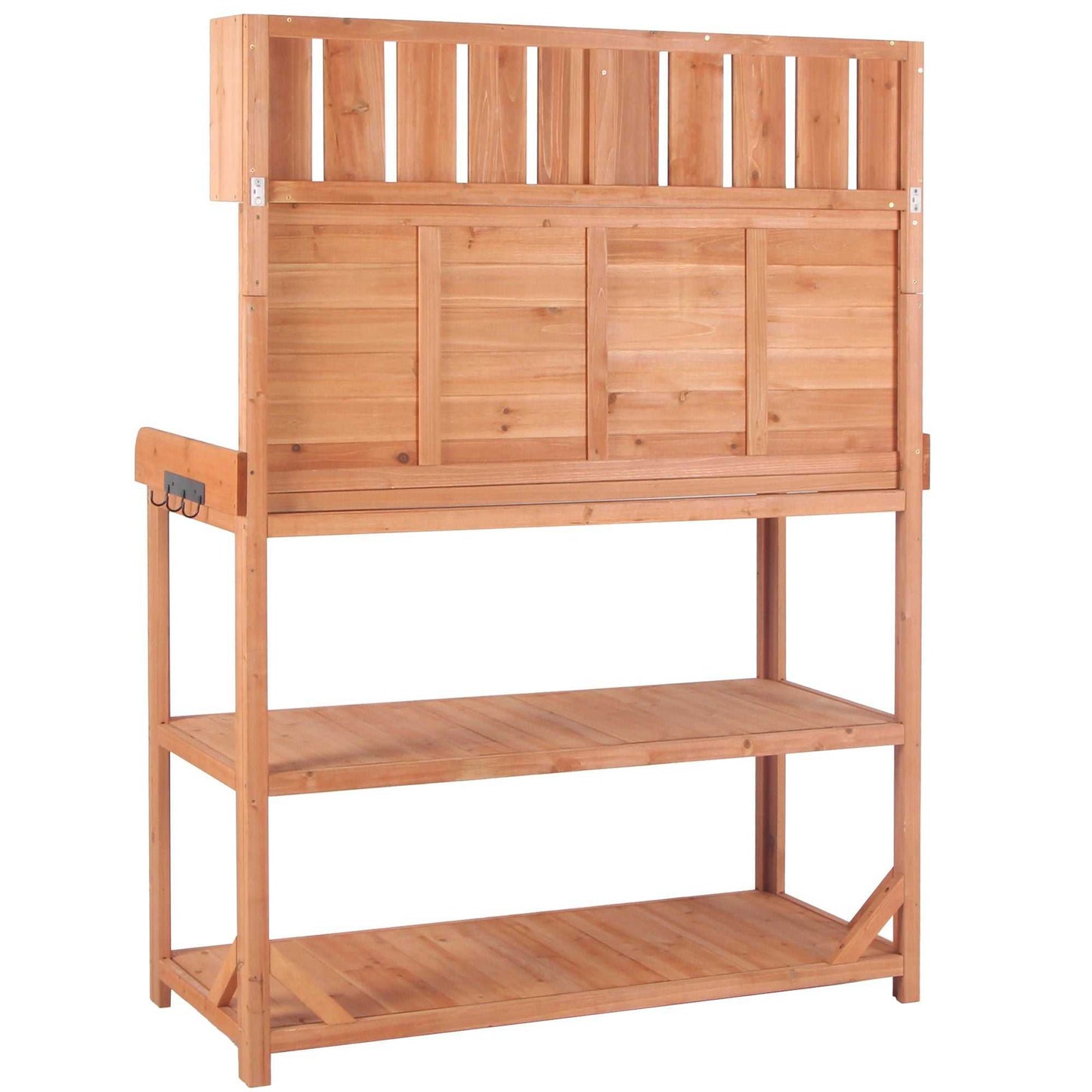 65" Large Wooden Farmhouse Rustic Outdoor Potting Bench Table; Patio Workstation; Garden Potting Bench with 4 Storage Shelves and Side Hook - luxuryhomedecoridea.com