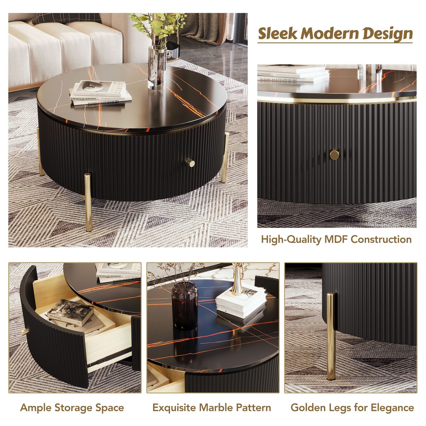 Modern Round Coffee Table with 2 large Drawers Storage Accent Table(31.5'') - luxuryhomedecoridea.com