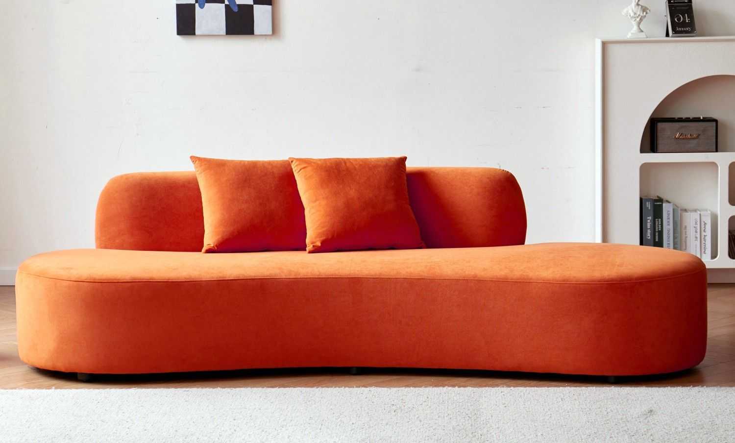 90" Curved Sofa with Throw Pillows, 4 Seater Luxury Velvet Couch with Half Moon Design and High-Density Foam, Ideal for Modern Living Room, Office & Apartment, Red Orange - luxuryhomedecoridea.com