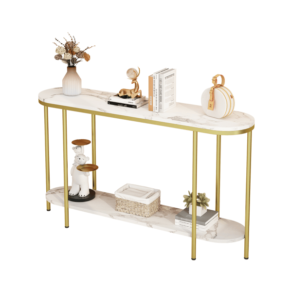 2-Tier Oval Console Table, White Faux Marble Top with Gold Metal Frame, Modern Entryway Table with Open Shelf, 42.1"×11.4"×30.5" Narrow Sofa Table for Hallway, Living Room & Foyer - luxuryhomedecoridea.com