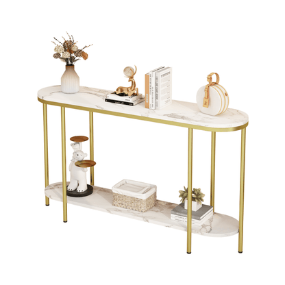 2-Tier Oval Console Table, White Faux Marble Top with Gold Metal Frame, Modern Entryway Table with Open Shelf, 42.1"×11.4"×30.5" Narrow Sofa Table for Hallway, Living Room & Foyer - luxuryhomedecoridea.com