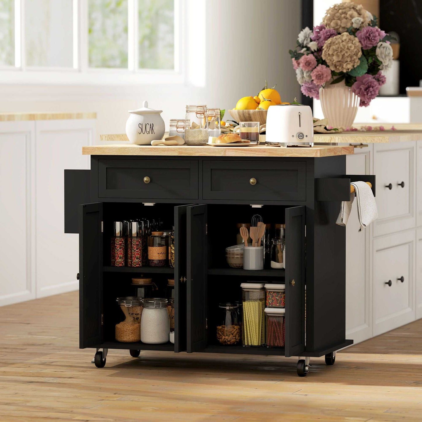 Kitchen Island Cart with Rubber Wood Top, Rolling Kitchen Island Table on Wheels with Drawers, Adjustable Shelves, Spice Rack and Towel Rack for Dining Room, Black - luxuryhomedecoridea.com