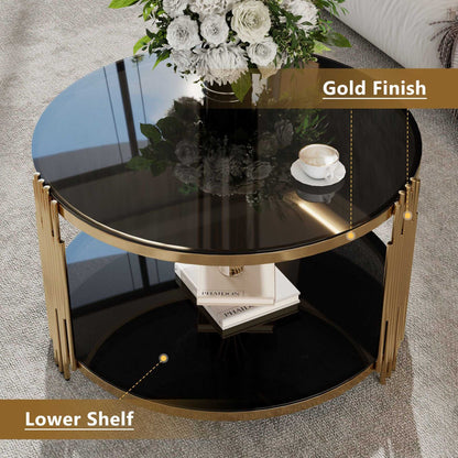 Modern Black Mirror Coffee Table, Asymmetrical Metal, Circular Metal Drum Base, Gold Finish & Lower Shelf - luxuryhomedecoridea.com