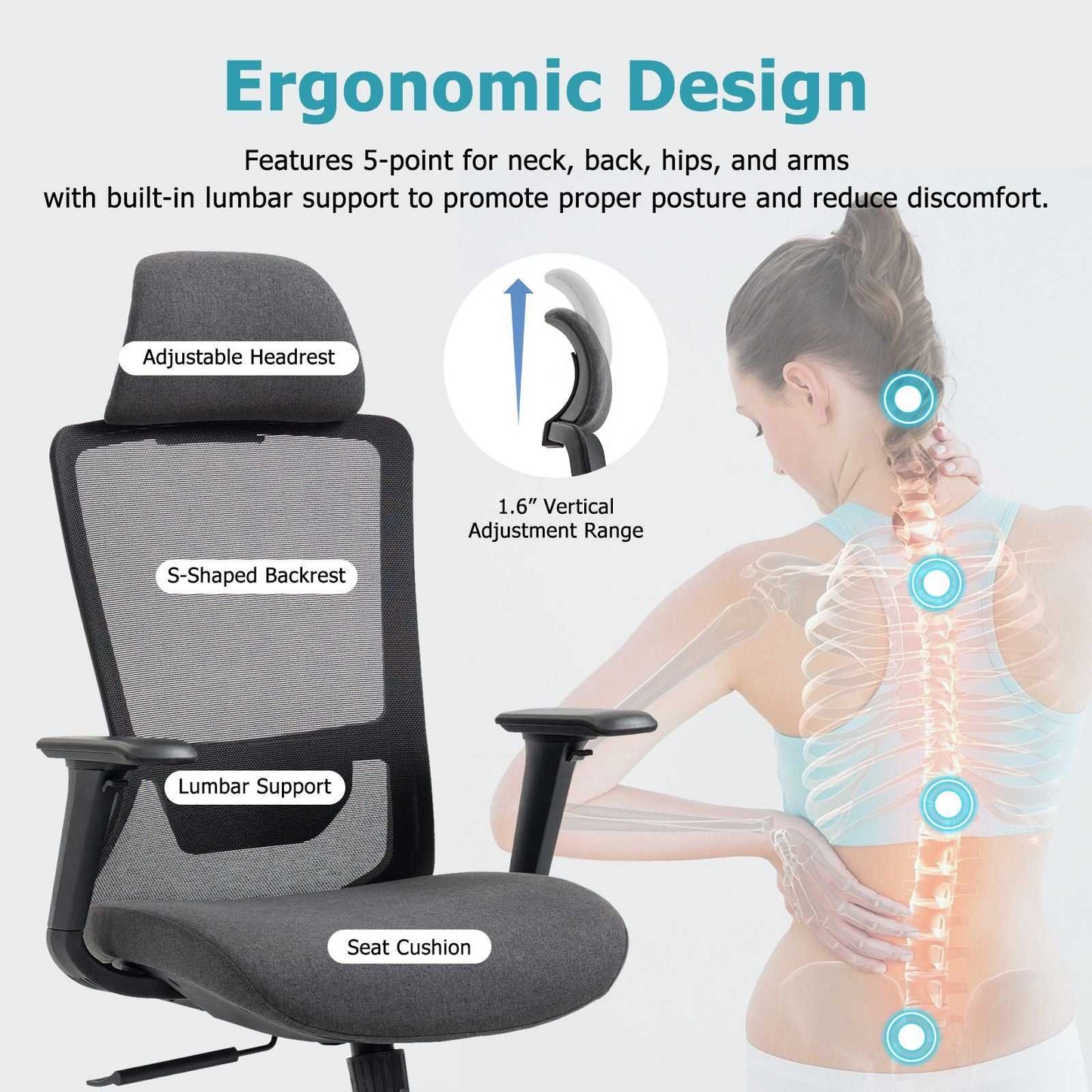 Ergonomic Mesh Office Chair with Adjustable Headrest and Lumbar Support, Breathable Back Design for Home and Office Use 8322H - luxuryhomedecoridea.com