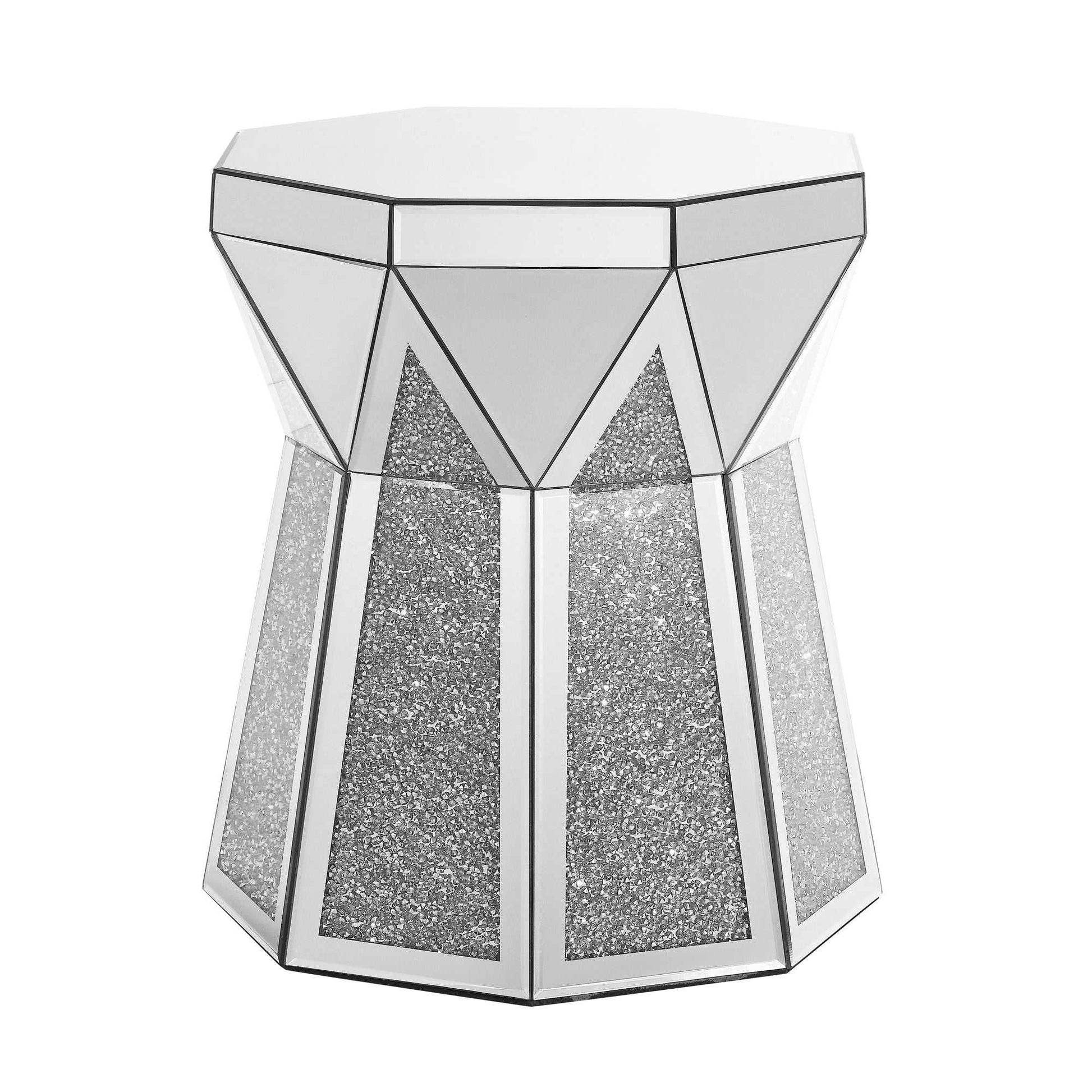 Drum style coffee table with mirror crystal inlay, polygonal silver decorative table, modern design luxury modern furniture, 20 inch (about 50 centimeters) low coffee table, suitable for living room - luxuryhomedecoridea.com