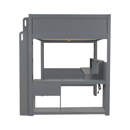Wood Full Size Gaming Loft Bed with Desk, Multi-storage Shelves, LED and Charging Station, Dark Gray(Old SKU:SM000374AAE) - luxuryhomedecoridea.com