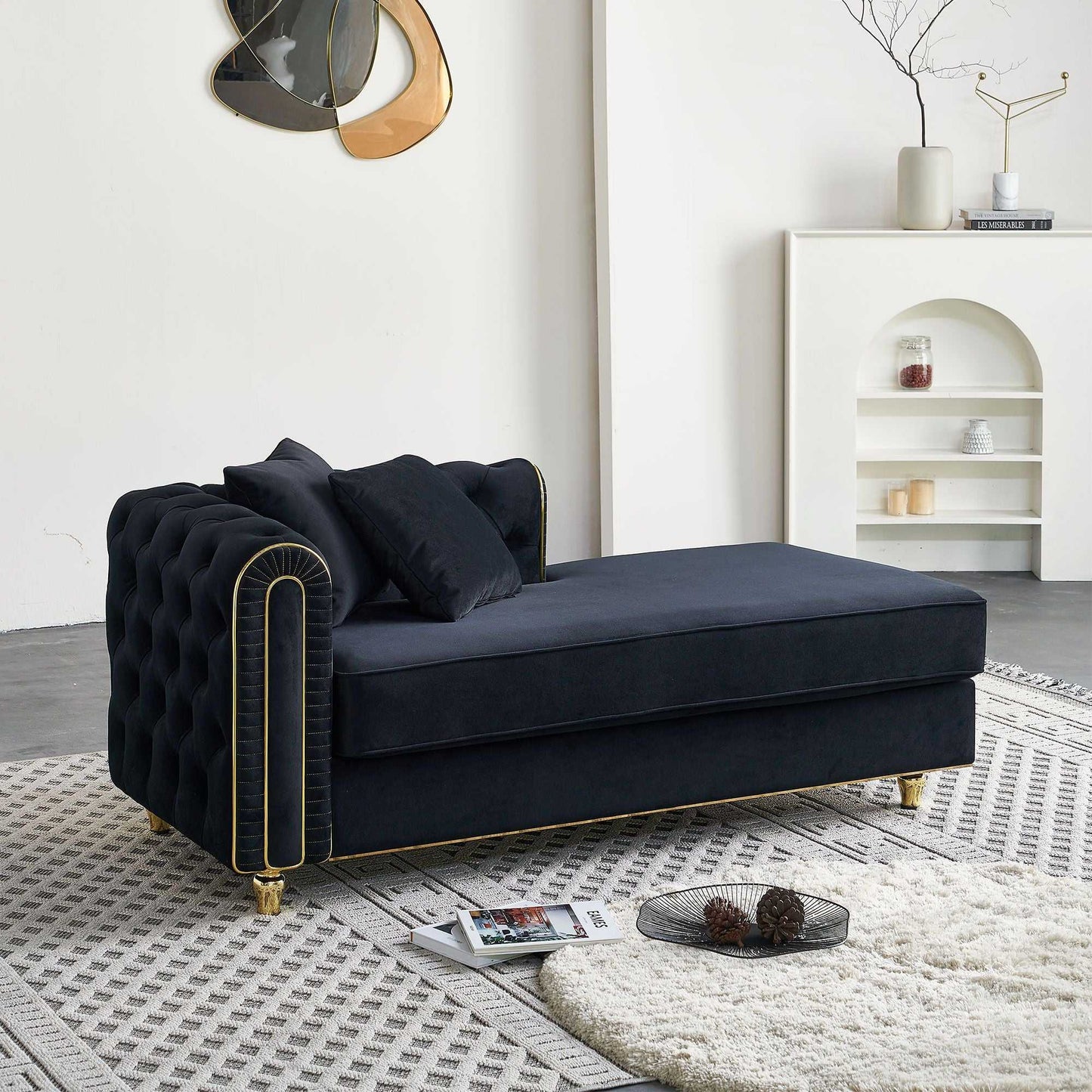 66.9''W Velvet Chaise Lounge,Luxury Modern Chaise Furniture,Tufted Back with 2pcs toss pillows for Living Room,Bedroom,Apartment,Black Color - luxuryhomedecoridea.com