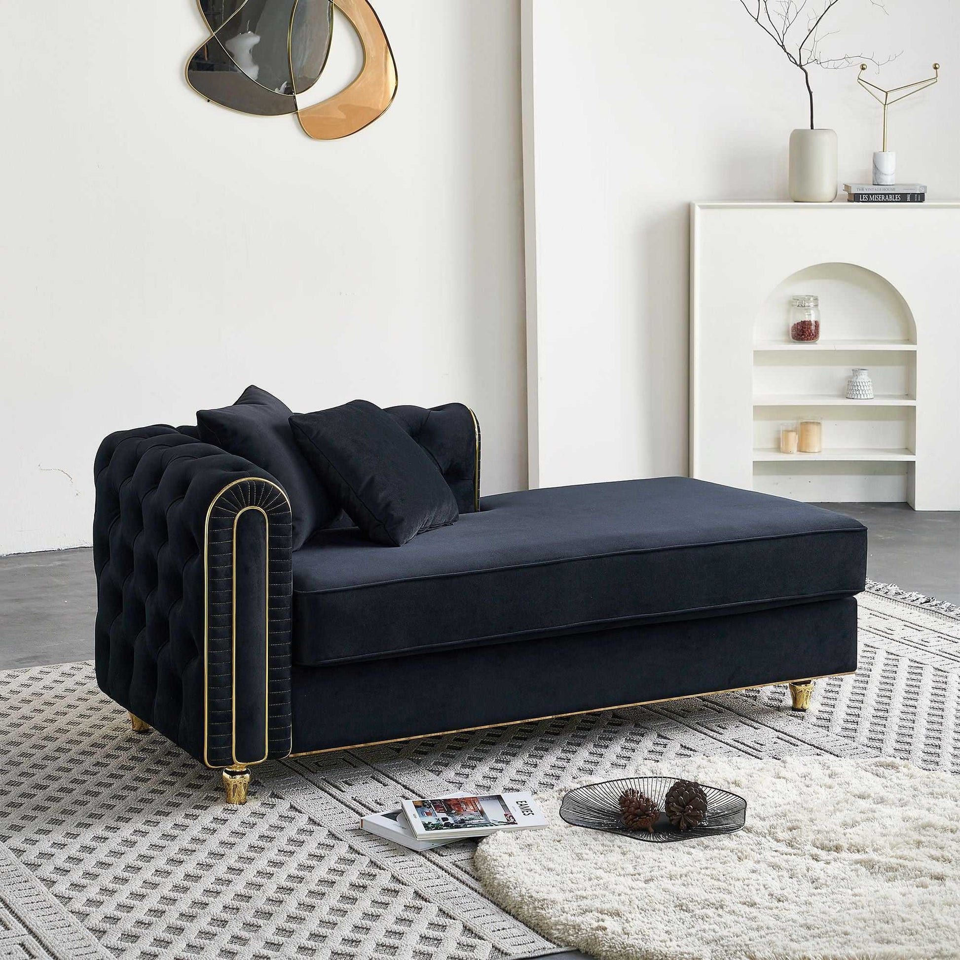 66.9''W Velvet Chaise Lounge,Luxury Modern Chaise Furniture,Tufted Back with 2pcs toss pillows for Living Room,Bedroom,Apartment,Black Color - luxuryhomedecoridea.com