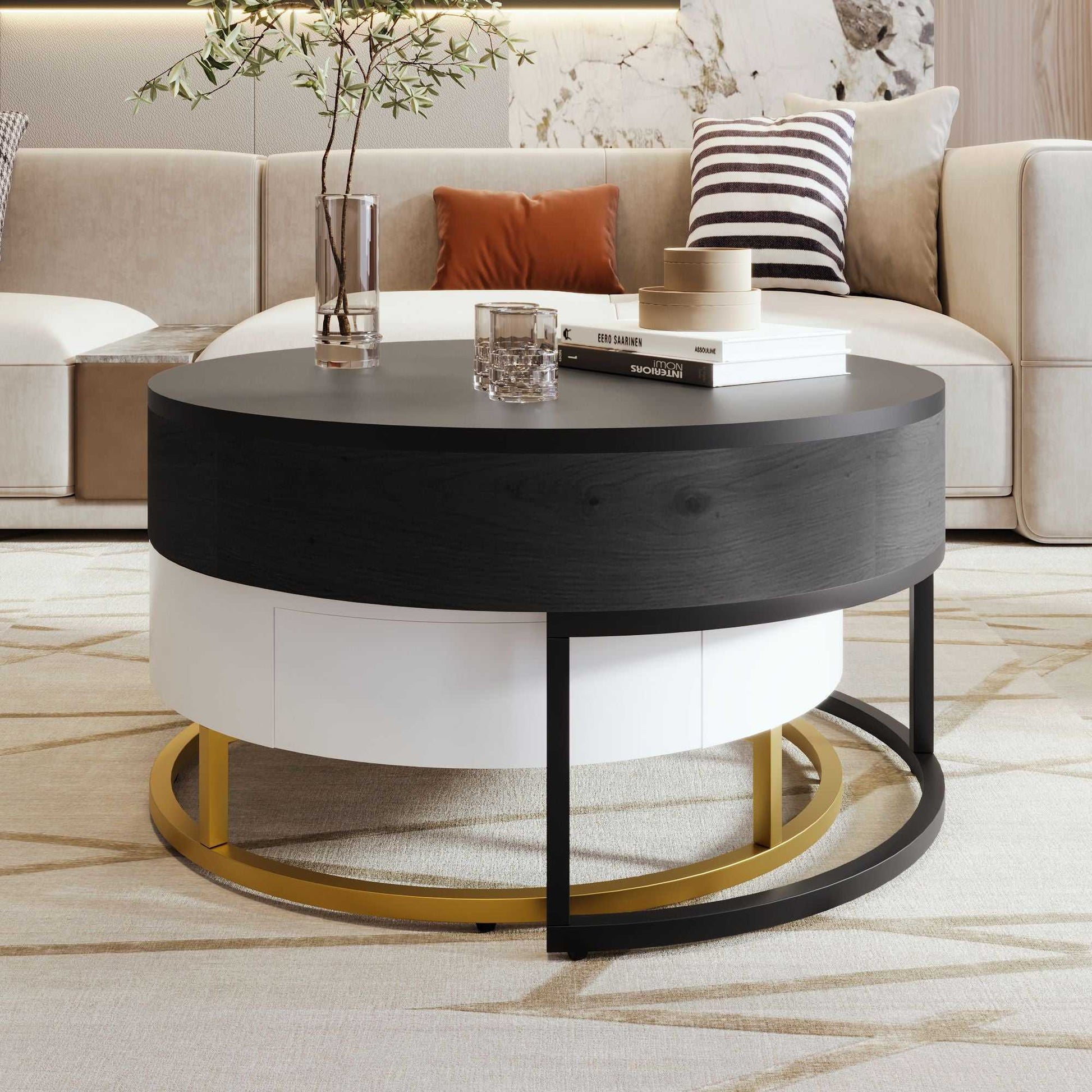 Modern Round Lift-top Nesting Coffee Tables with 2 Drawers - luxuryhomedecoridea.com