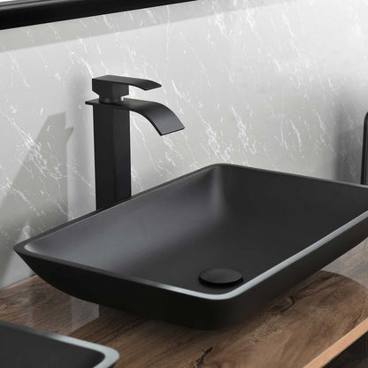 14.38" L -22.25" W -4-3/8 in. H Matte Shell Glass Rectangular Vessel Bathroom Sink in Black with Faucet and Pop-Up Drain in Matte Black - luxuryhomedecoridea.com